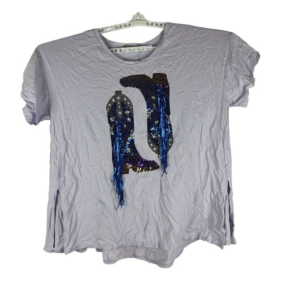 Blue b. Collection Lavender T-Shirt With Sequin Cowboy Boot Design Size L - Picture 1 of 6